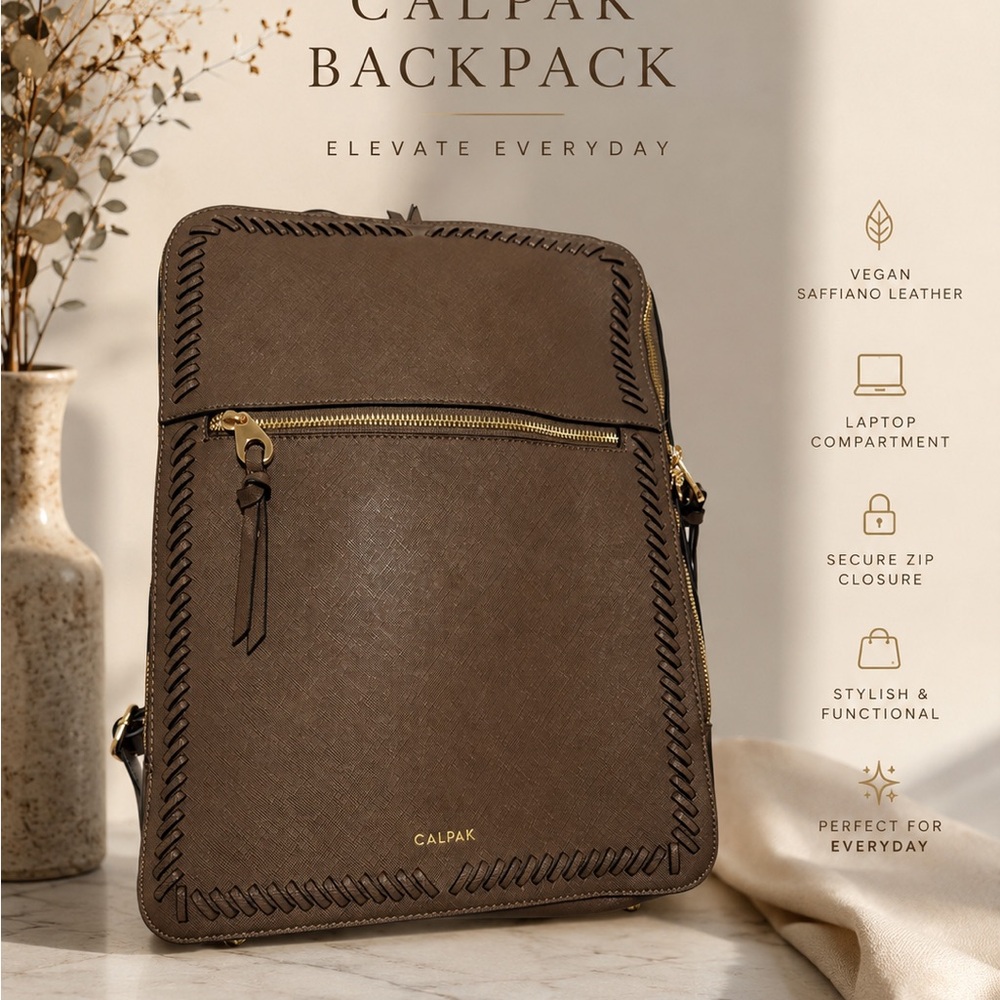 Calpak Brown Vegan Saffiano Leather Backpack with Gold Hardware